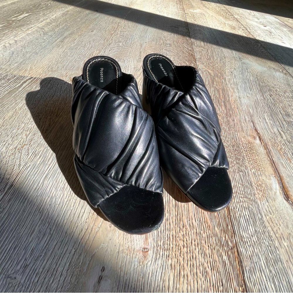 Proenza Schouler black ruched leather mirror heeled sandals women 35 EUC